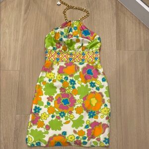 Colorful Floral Halter Dress with Gold Chain